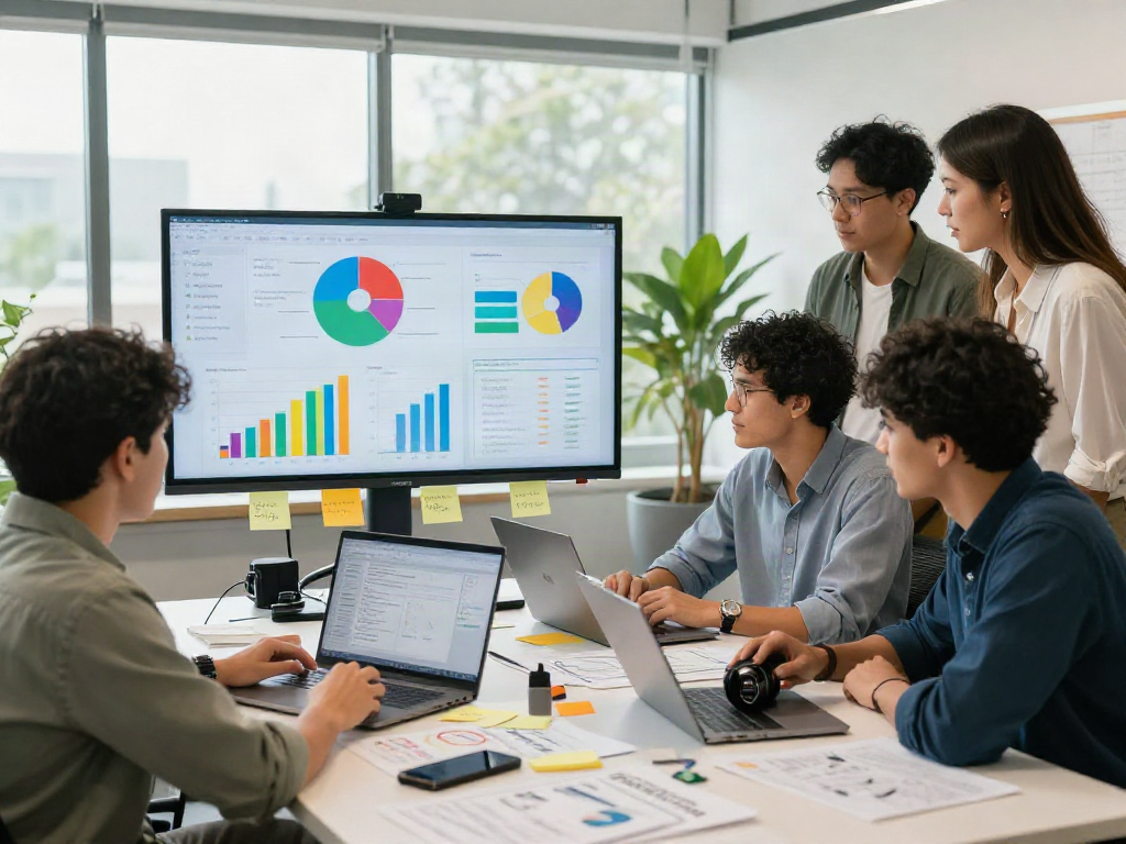 Digital marketing team collaborating on strategies for ia +18 insights, vibrant office atmosphere.