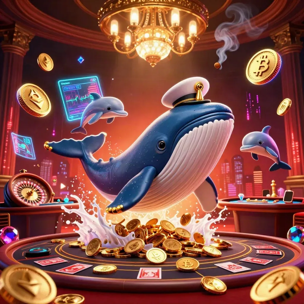 Whale captain, narwhal, dolphins, neon coins, and casino lights in a high-energy splash scene.