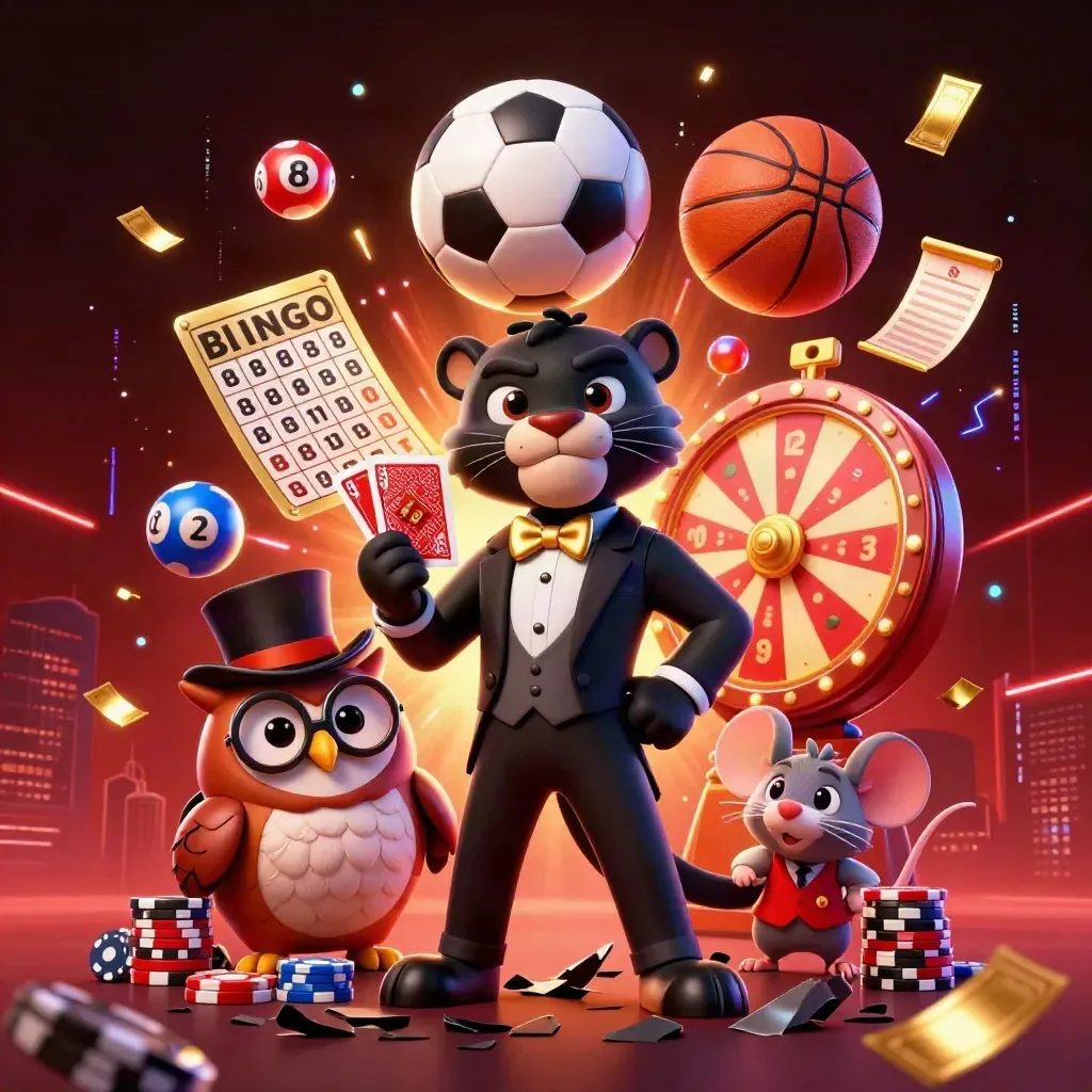 Panther, owl, and mouse amid flying sports balls, chips, lights, and neon casino effects.