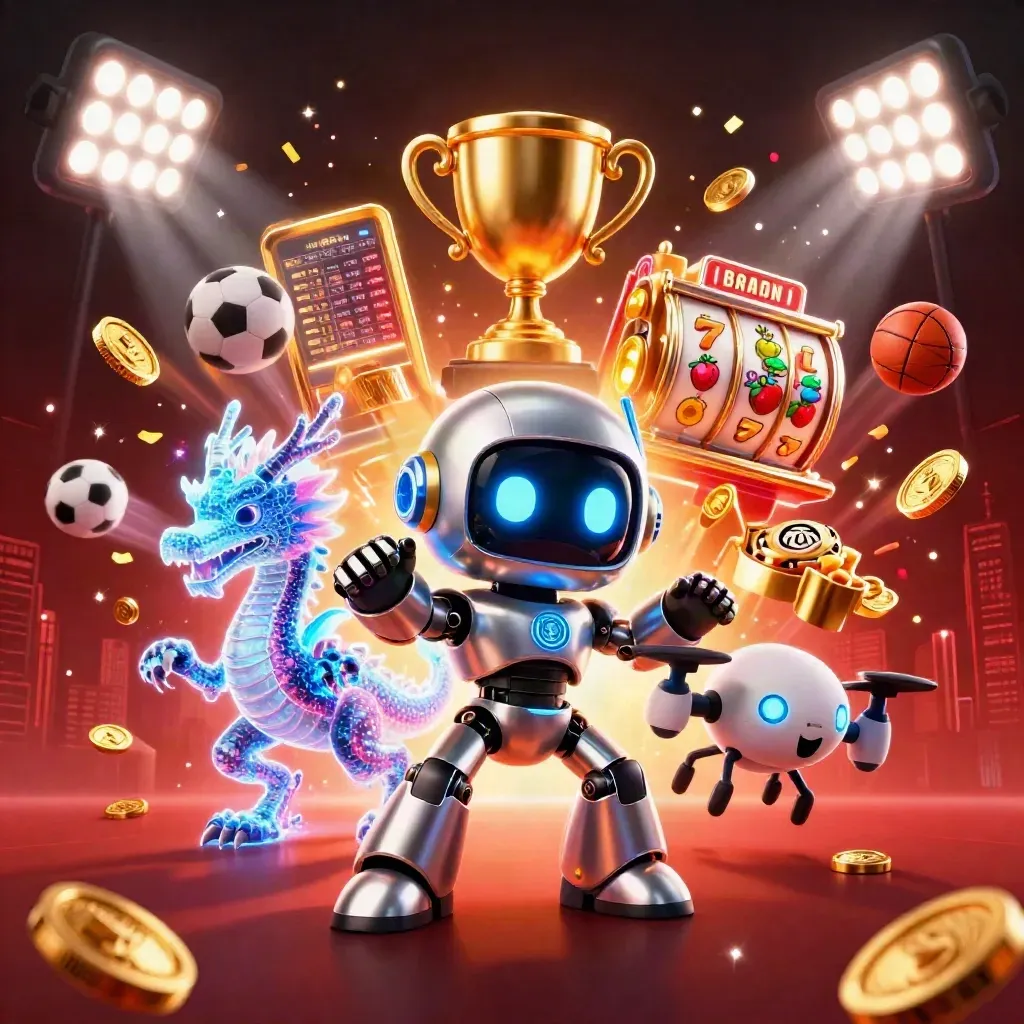 Robot, holographic dragon and coin drone amid coins, balls and fiery casino effects.