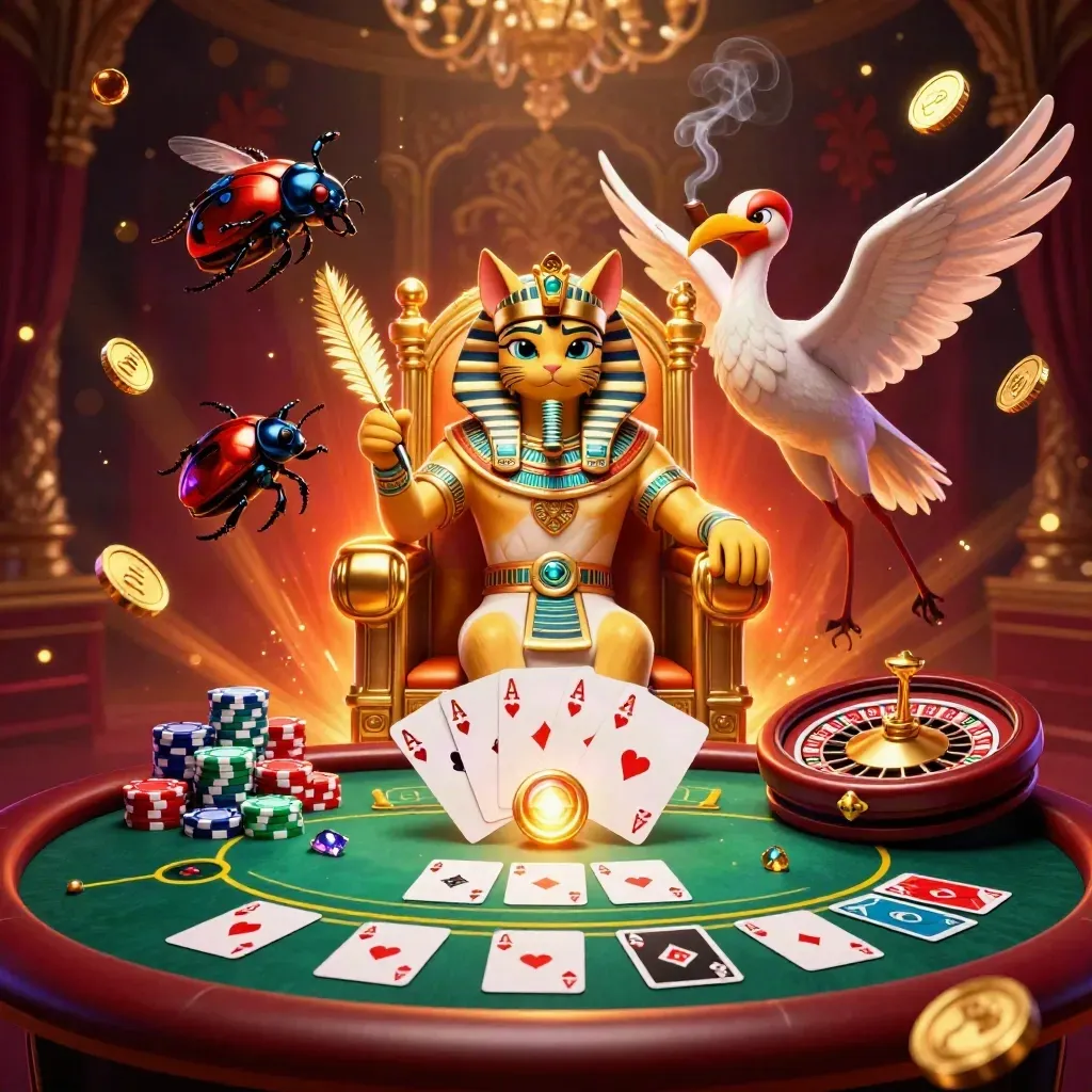 Pharaoh cat, ibis scribe, and gem-winged scarabs in a luxe casino throne room