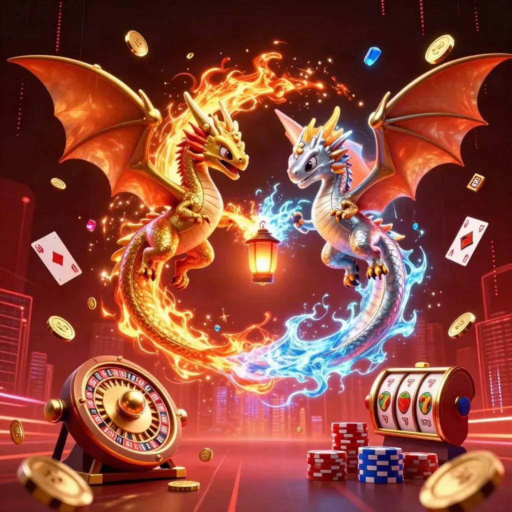 Gold and silver dragons spiral with fire and ice, coins, gems, chips, and casino props exploding outward.