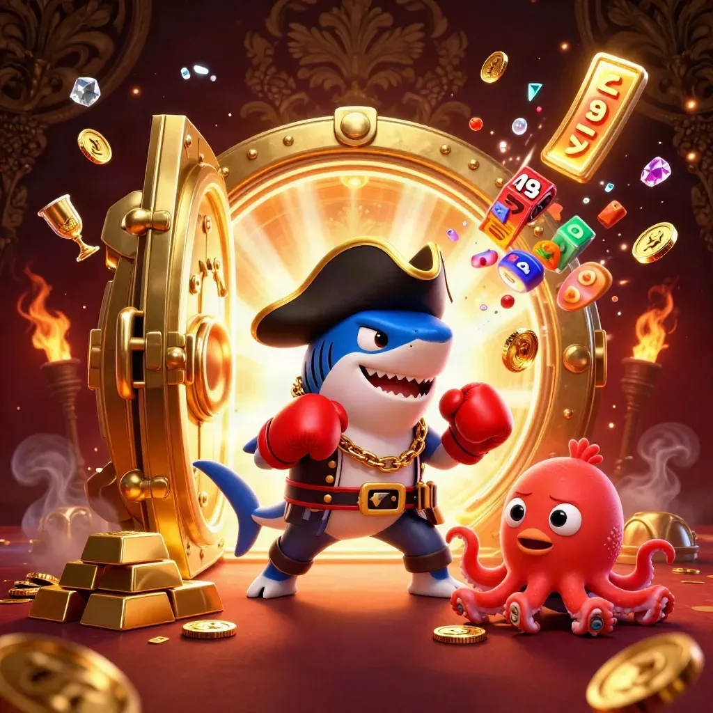 Pirate shark, boxing pufferfish, and coin-juggling octopus amid a vault burst and casino gold.