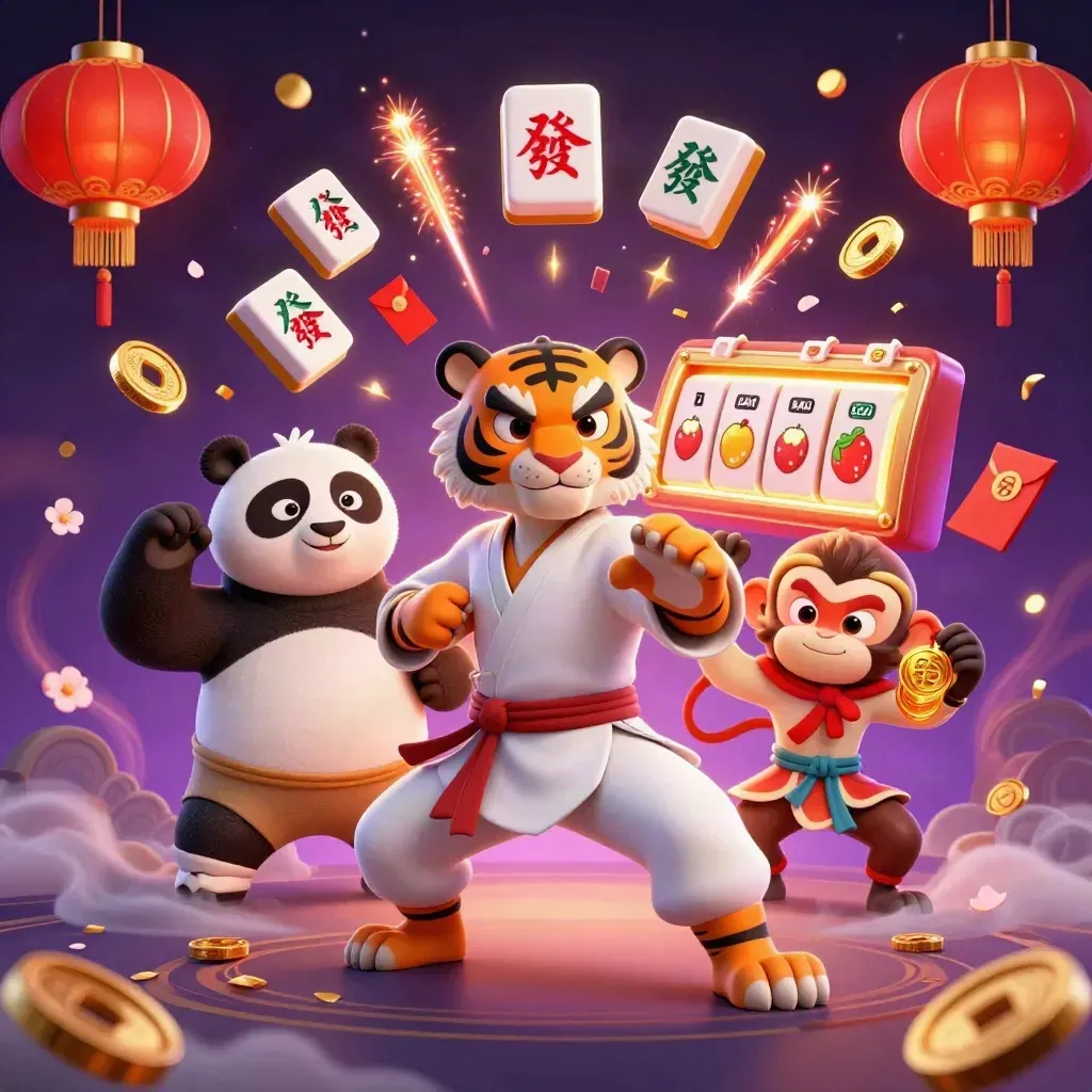 Kung-fu tiger, panda, and monkey amid casino charms, coins, lanterns, and orange glow