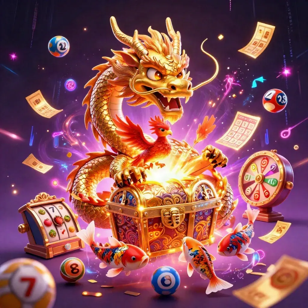 Golden dragon, phoenix, koi, prize wheel, coins, fireworks, and neon casino energy on a dark purple background.