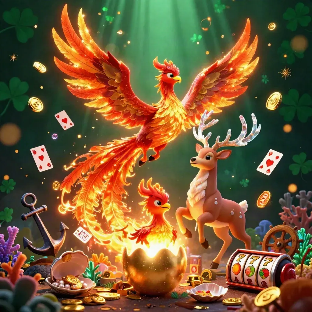 Fire phoenix, hatching egg, and crystal-antlered stag amid casino treasure and glowing reels