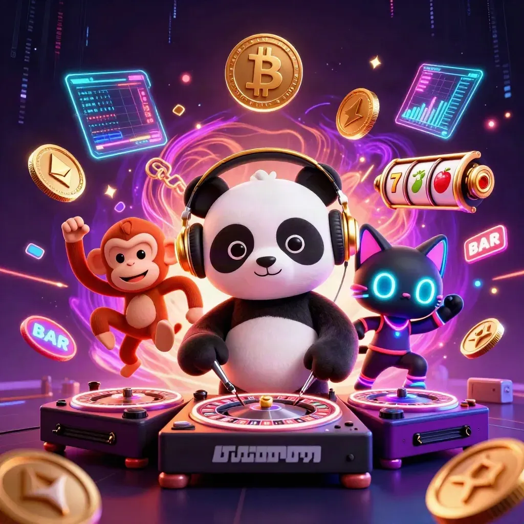 DJ panda, breakdancing monkey, and rave kitten amid neon casino coins and slot symbols