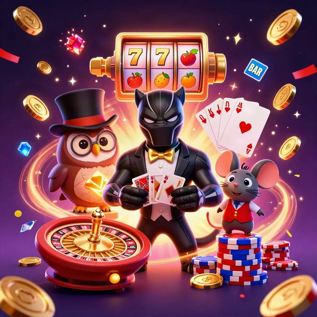Tuxedo panther, owl, and mouse amid chips, cards, coins, and fiery neon casino energy