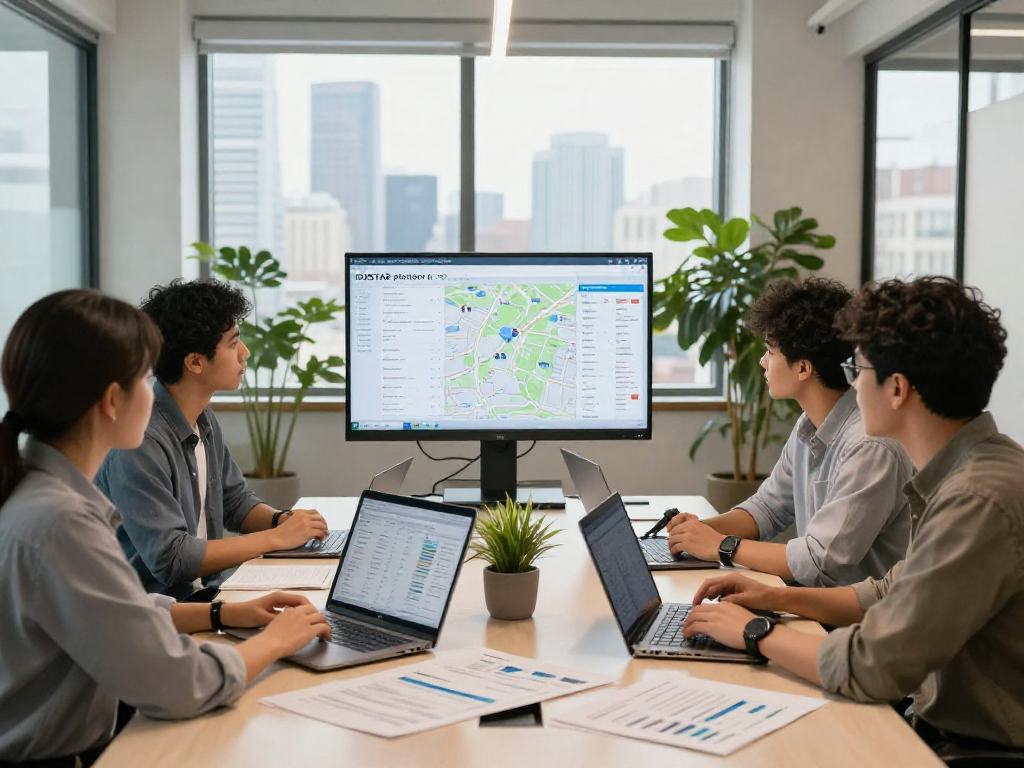 Team discussing IDXSTAR platform in a modern office setting, showcasing collaborative real estate technology.